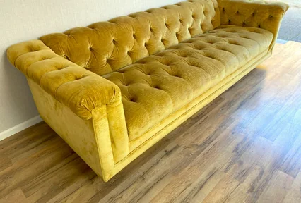 Hollywood Regency Era Vintage Tufted Gold Crushed Velvet Sofa